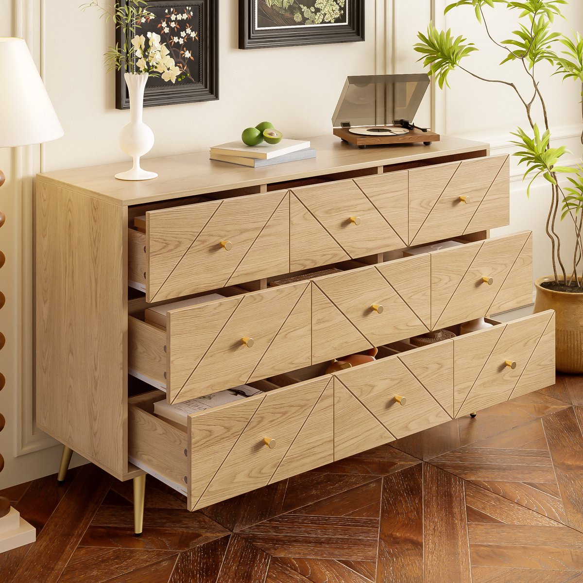 Wishdor - Dressoir - 9 lades - Geometrische fronten met metalen poten - Modern design - Slaapkamer woonkamer of hal - Houtlook - Naturel - 120 x 39 x 80 cm