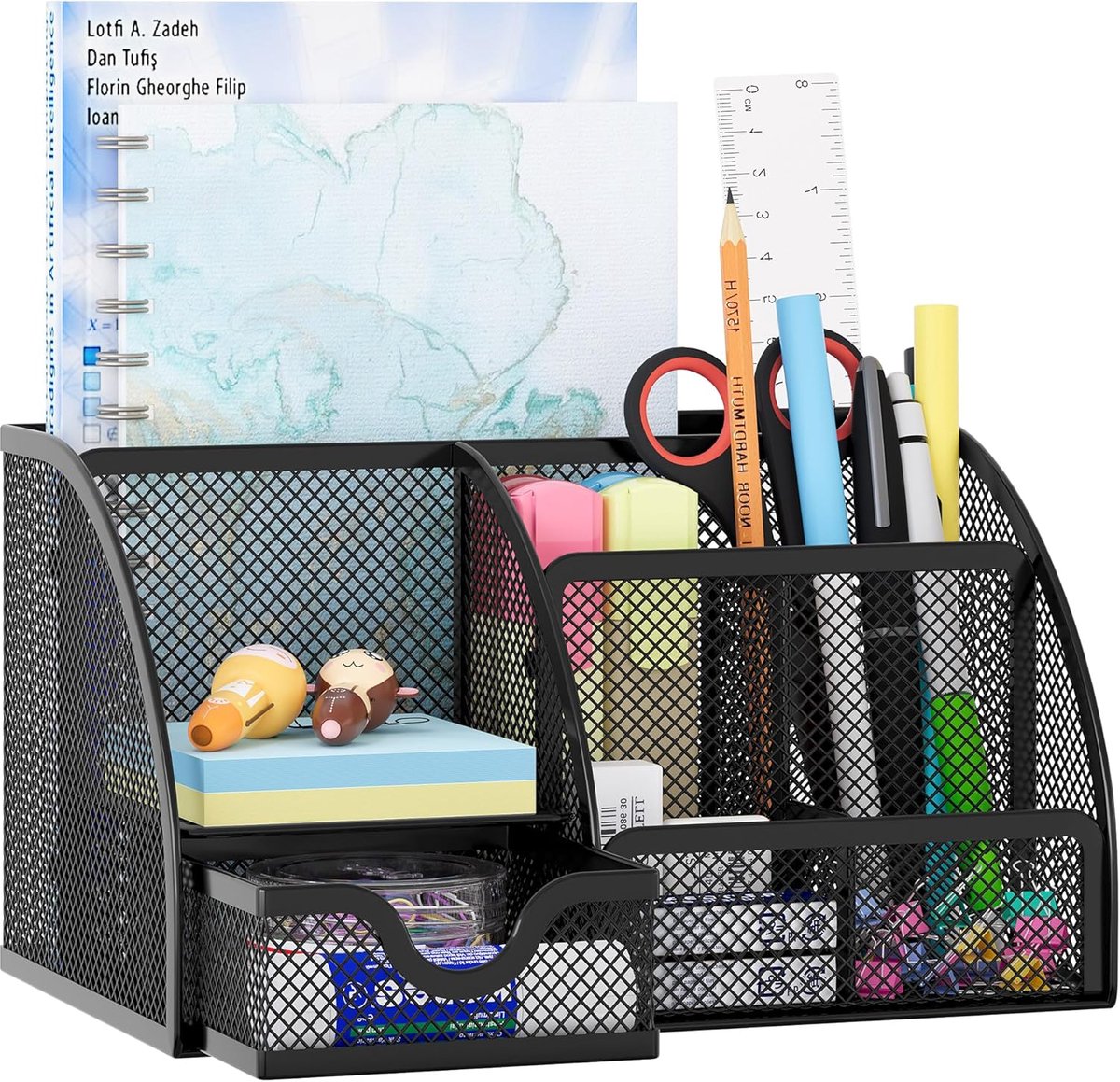 SnelShoppen - Desk Organiser met 5 Compartimenten en 1 Lade - Compact en Robuust - Metaal Grid Design - 8.6 x 5.5 x 4.8 cm - Zwart - Perfect voor Kant