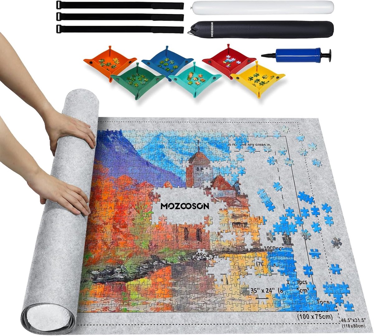 SnelShoppen - Jigsaw Puzzle Mat voor 2000 1500 1000 Stukken - Felting Roll-Up Mat met 6 Puzzle Sorters en 1 Opblaasbare Pomp - Perfect voor Puzzelaars