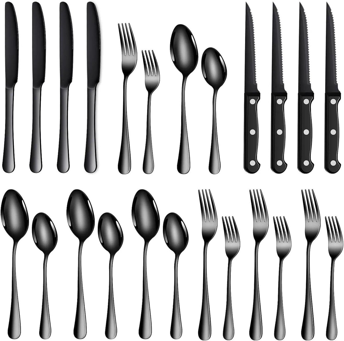 SnelShoppen - Complete Bestekset voor 4 Personen - 24-delige RVS Tafelbestek met Steakmessen - Modern Design - Ergonomisch - Vaatwasmachinebestendig -