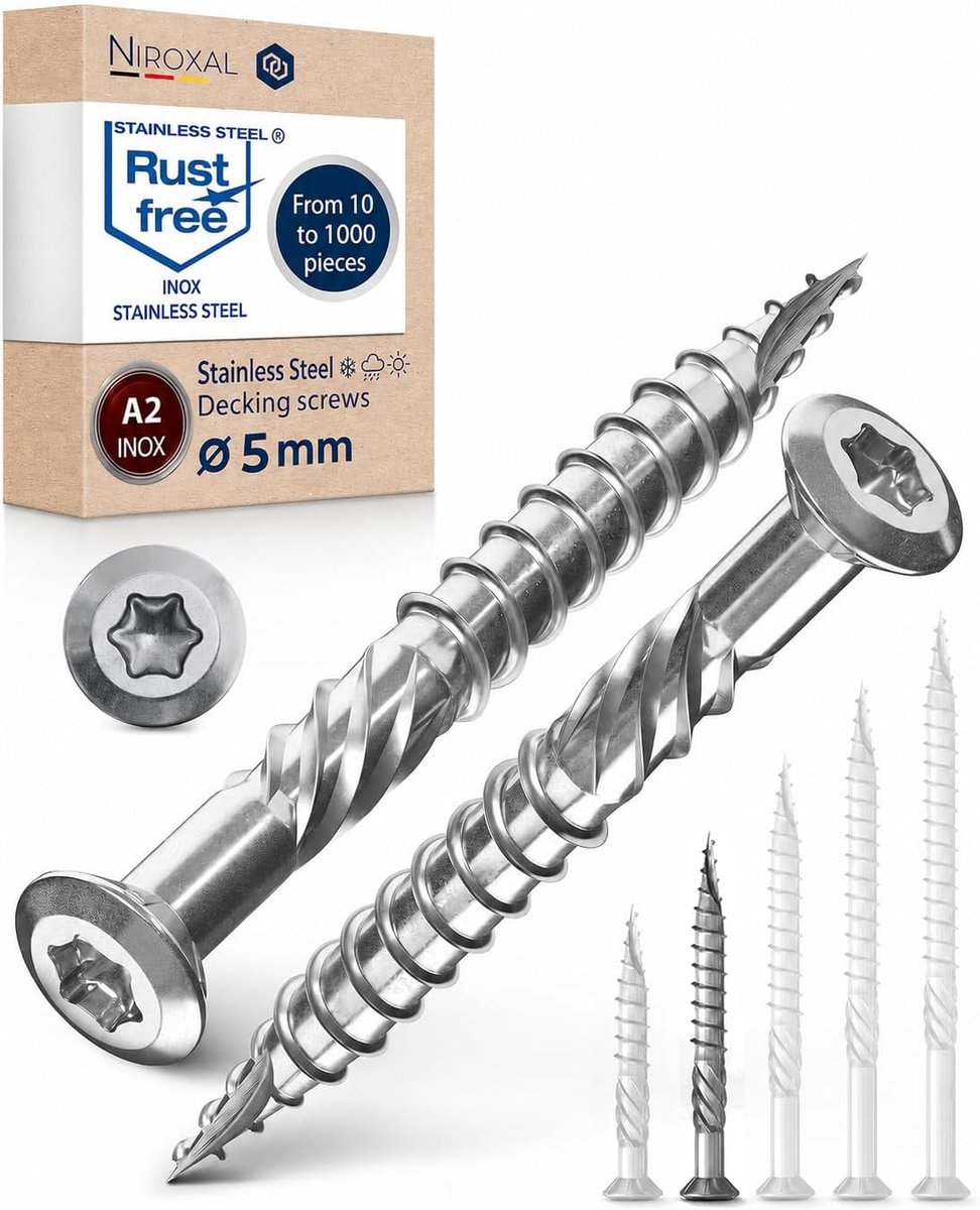 SnelShoppen - Decking Schroeven RVS A4 V4A 5 x 50 mm Torx 25 Lenskop Partiële Schroefdraad 1000 Stuks voor Tuin en Bouwprojecten