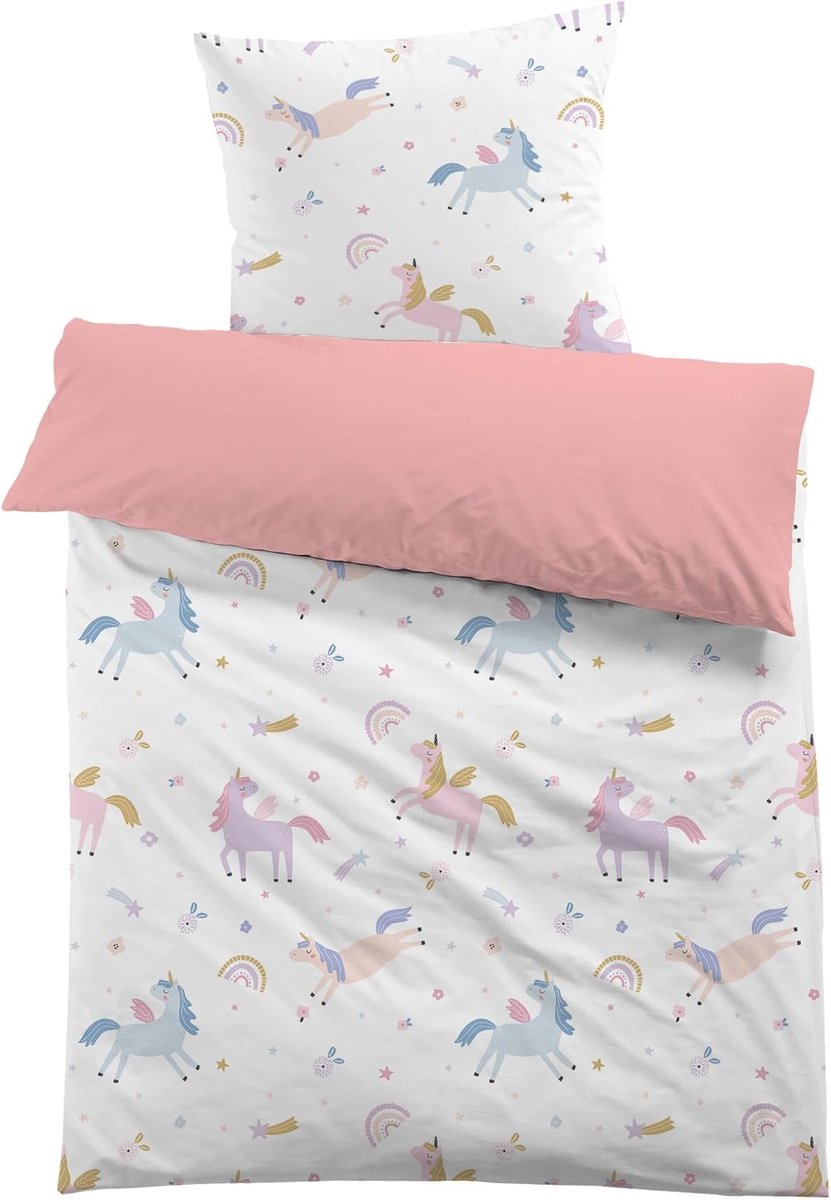 SnelShoppen - Unicorn Dekbedovertrek 140 x 200 cm Meisjes Kinderen Roze Wit Microfiber 3D Gedrukt Bedlinnen Inclusief Kussenhoes 65 x 65 cm, Perfect C