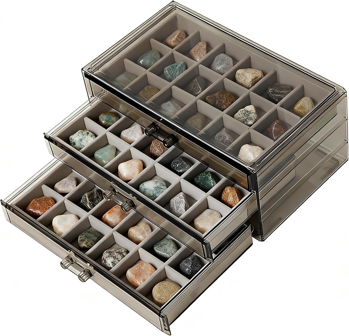 SnelShoppen - Rock Display Cabinet, Drie Laags Opbergdoos met 54 Rijen, Kristallen Displaykast, Transparant Acryl met Luxe Pluche Voering voor Sierade