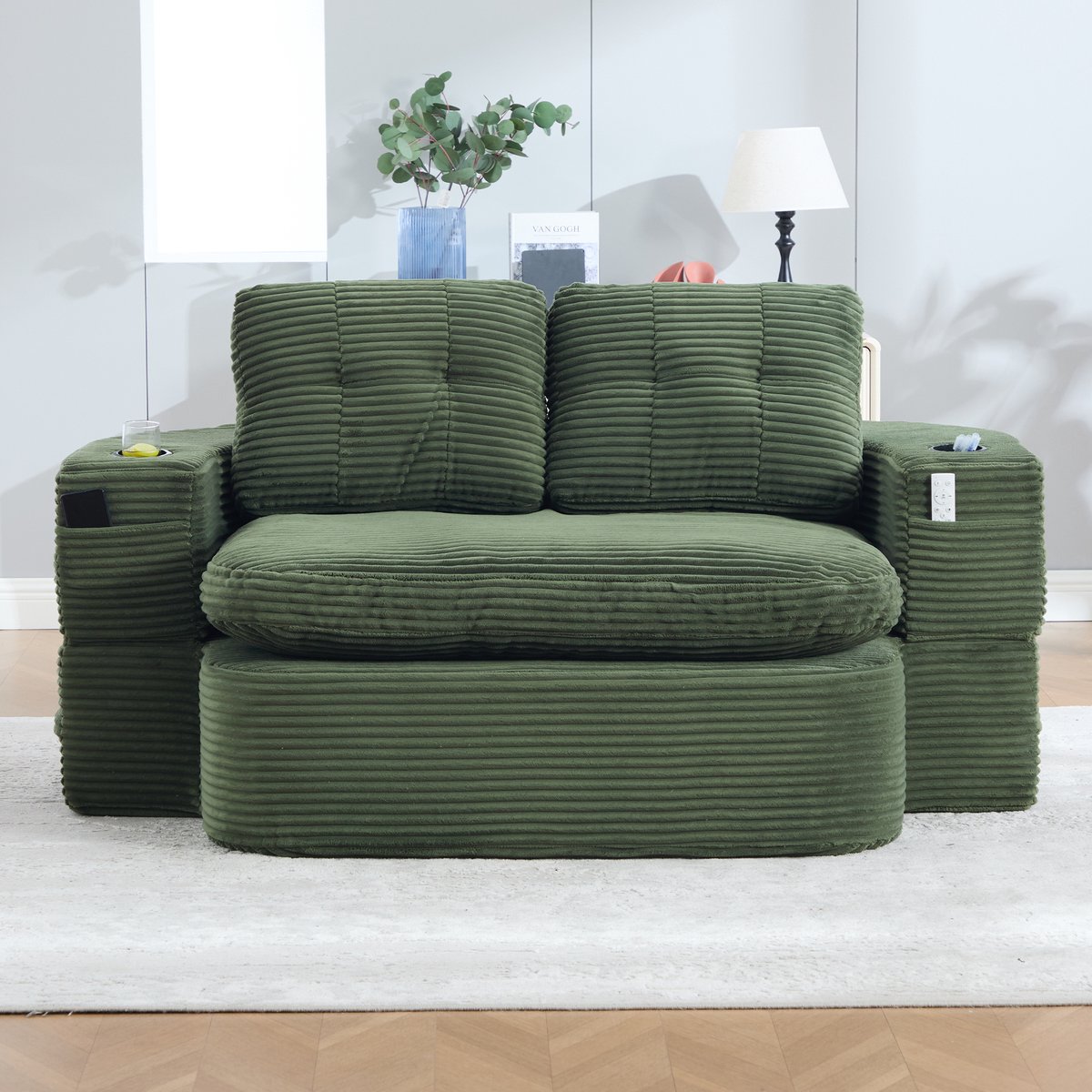 STILVORA Slaapbank - 165 x 97 cm - 2-in-1 Met Ligfunctie, 2 Bekerhouders En Zijvakken - Voor Woonkamer En Slaapkamer - Cord Smaragdgroen