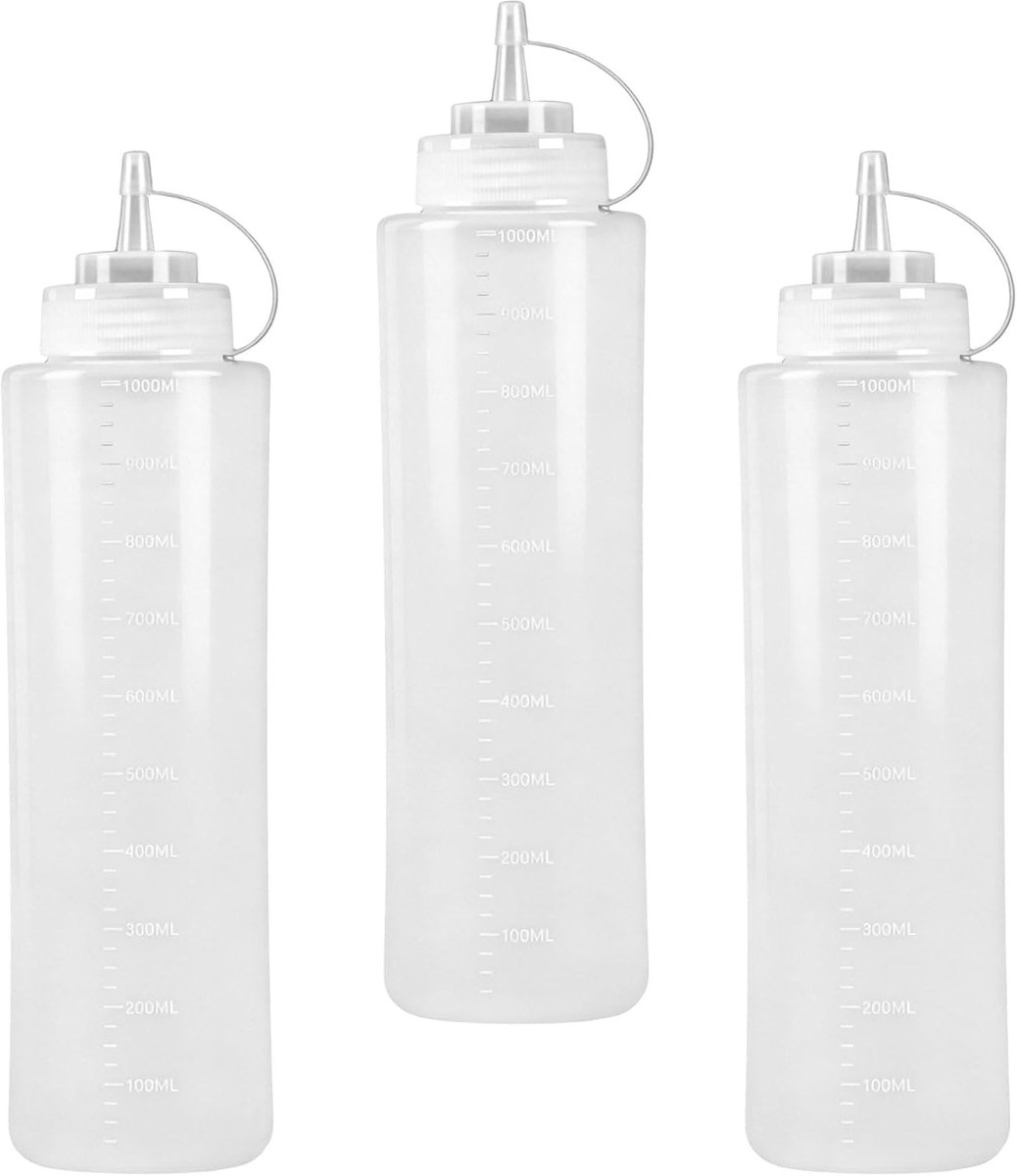 SnelShoppen - 3 Pcs Squeeze Bottles 1000ml - Plastic Squeeze Flessen voor Sauzen, Olie, Ketchup, Condimenten - Handige Sauce Dispenser met Deksel voor