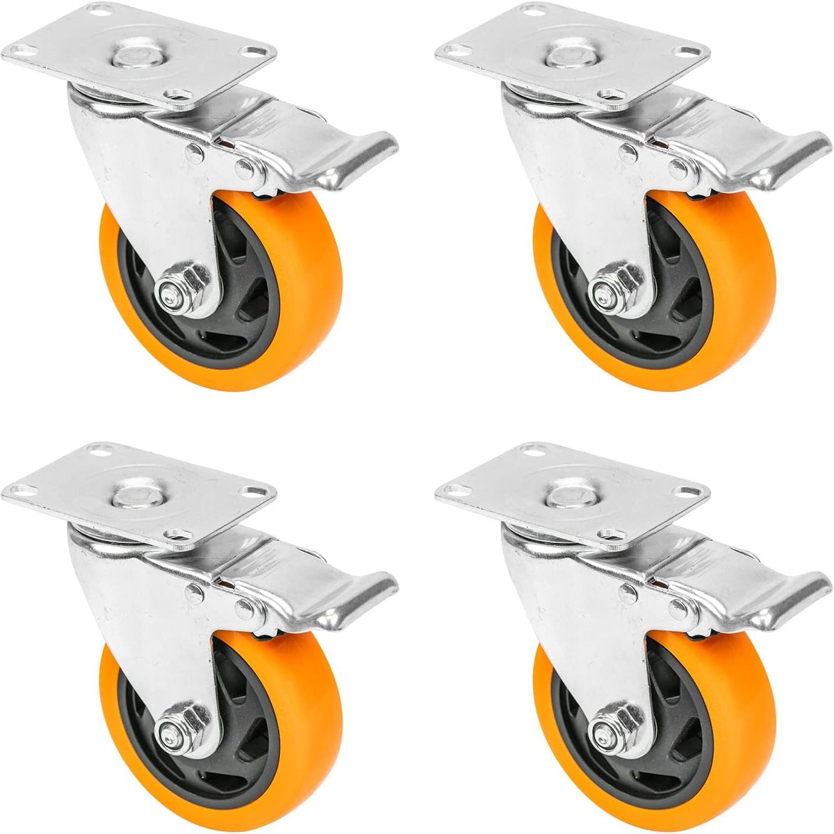SnelShoppen - 4 Heavy Duty Transportwielen met PU Rem | 100 mm | Tot 460 kg | Draaibaar | Oranje | Voor Machines, Meubels en Zware Planken