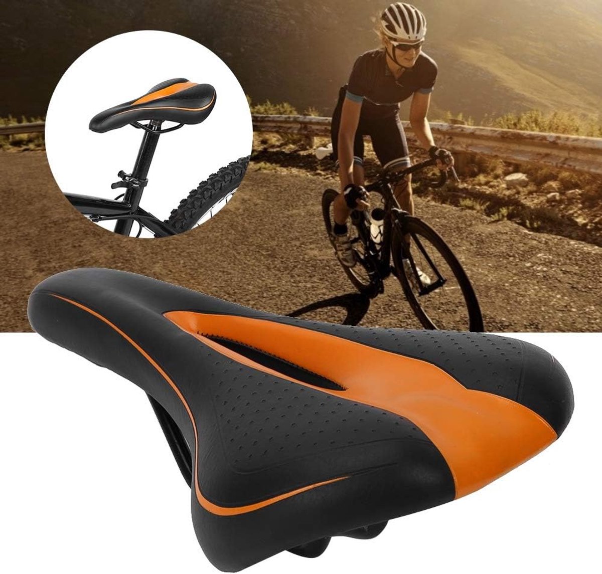 SnelShoppen - Mountain Road Bike Zadel, Ergonomisch en Comfortabel Fietszitting met Zachte Oranje PU-oppervlak, Waterdicht en Schokabsorberend, Fietsa