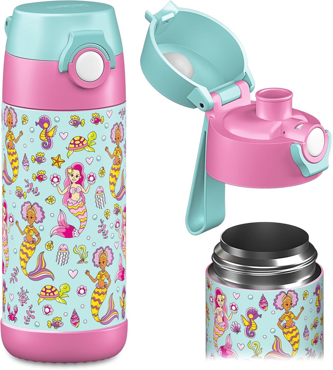 SnelShoppen - Isolerende RVS Kinderfles 350 ml met Deksel, Thermosfles voor Meisjes en Jongens, Zeemeermin Mozaïek, Perfect voor School, Sport en Uits