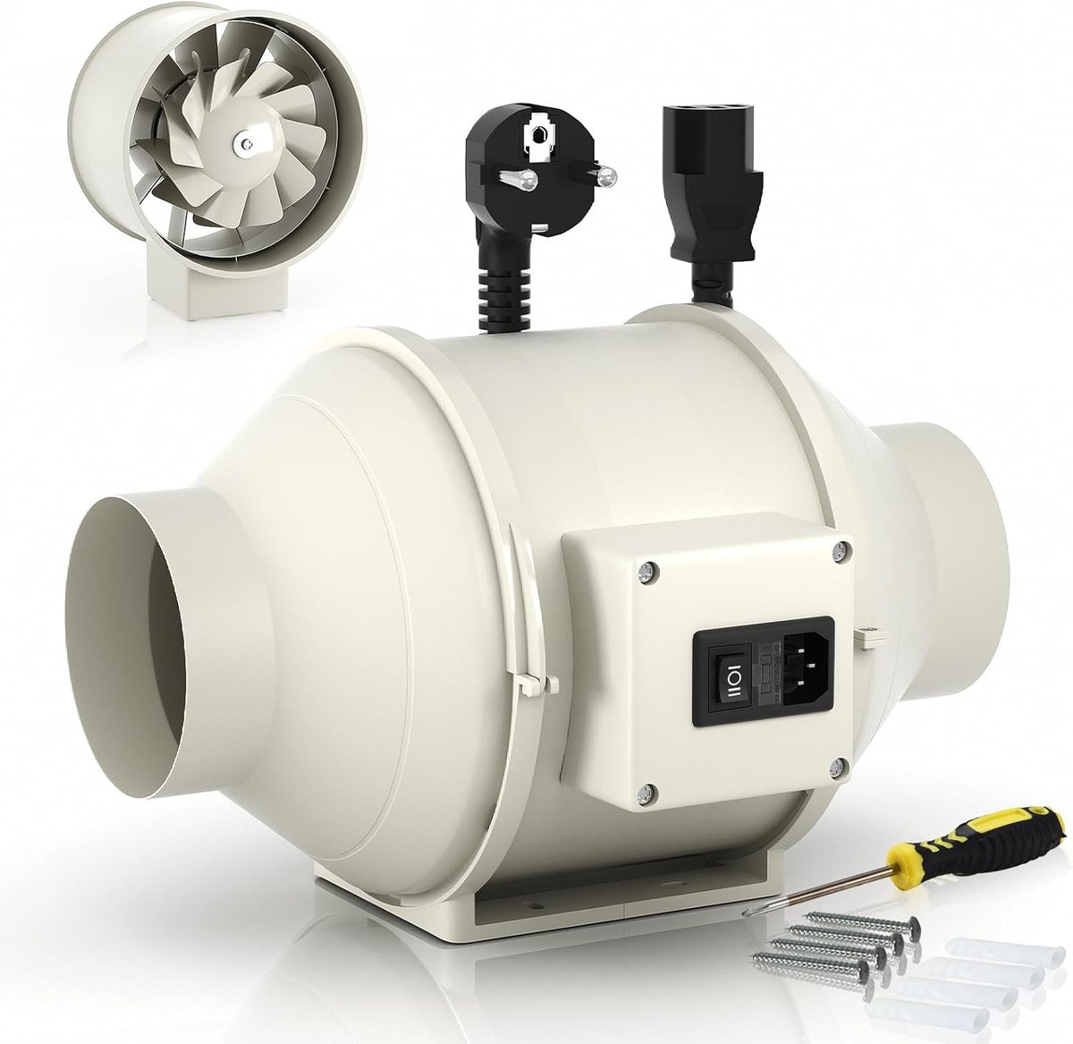 SnelShoppen - FanGoFast Smoke Extractor 100 mm Inline Duct Fan - Stille Tube Ventilator met IEC Socket en 1.5 m EU Snoer voor Badkamer, Keuken, Groei
