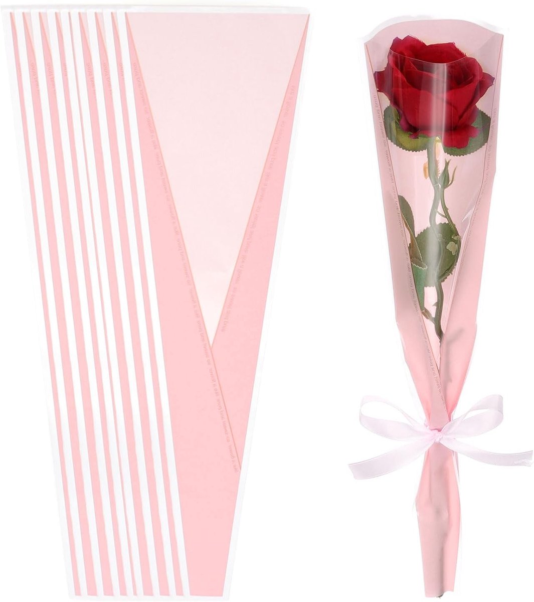 SnelShoppen - 50 Stuks Roze Bloemen Verpakkingszakken met Ribbons en Gouden Rand - Trapeziumvormige Bloemenzakken voor Bruiloften, Verjaardagen, Afstu