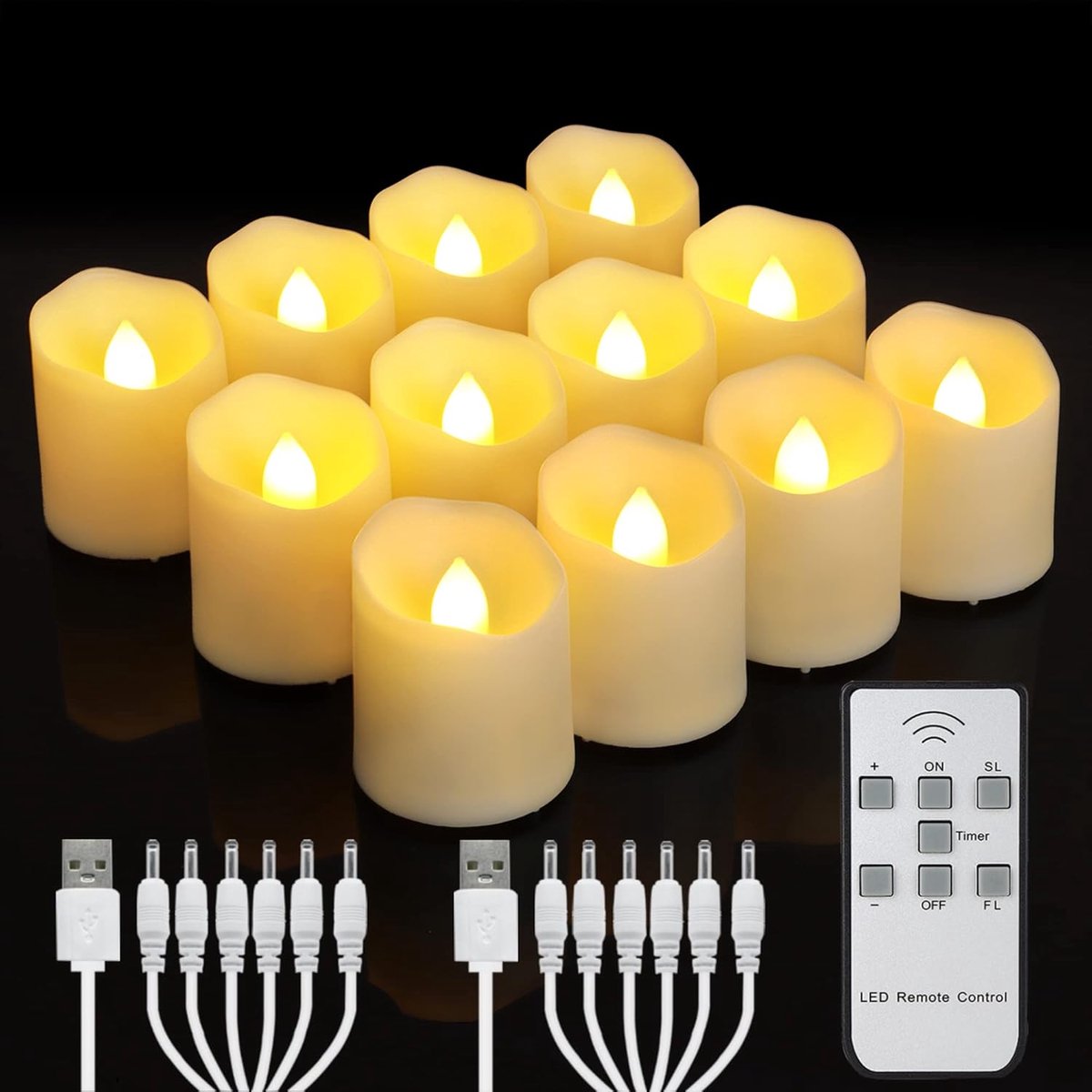 SnelShoppen - 12 Oplaadbare LED Theelichtjes met Afstandsbediening, Timer, Vlamloze Flicker Kaarsen, Warm Wit Licht voor Halloween, Kerst, Thuis, Brui