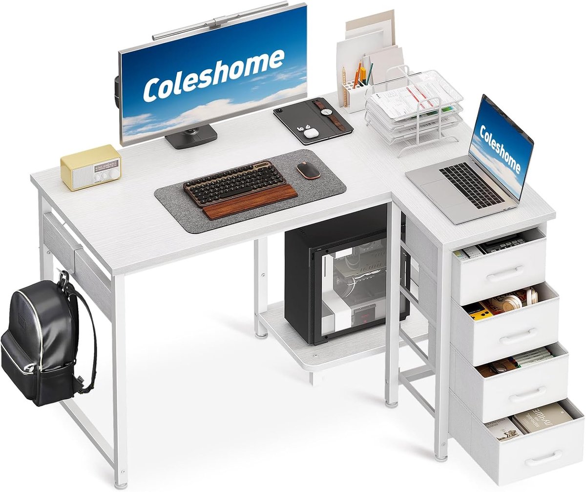 SnelShoppen - Hoekbureau 100x70cm - L-vormig Computer Bureau met 4 Laden - Reversible Werkplek voor Thuis en Kantoor - Wit - Ruimtebesparend Bureau