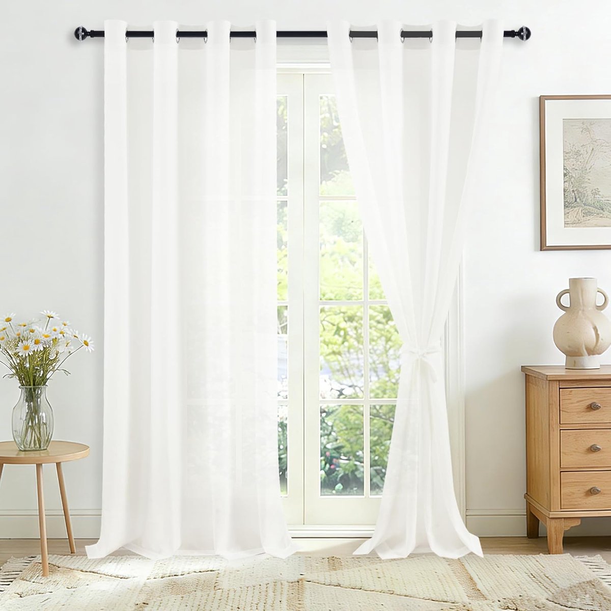 SnelShoppen - Witte gordijnen met oogjes voor railsysteem, semi-transparant, 280 x 140 cm, set van 2, perfect voor woonkamer en slaapkamer