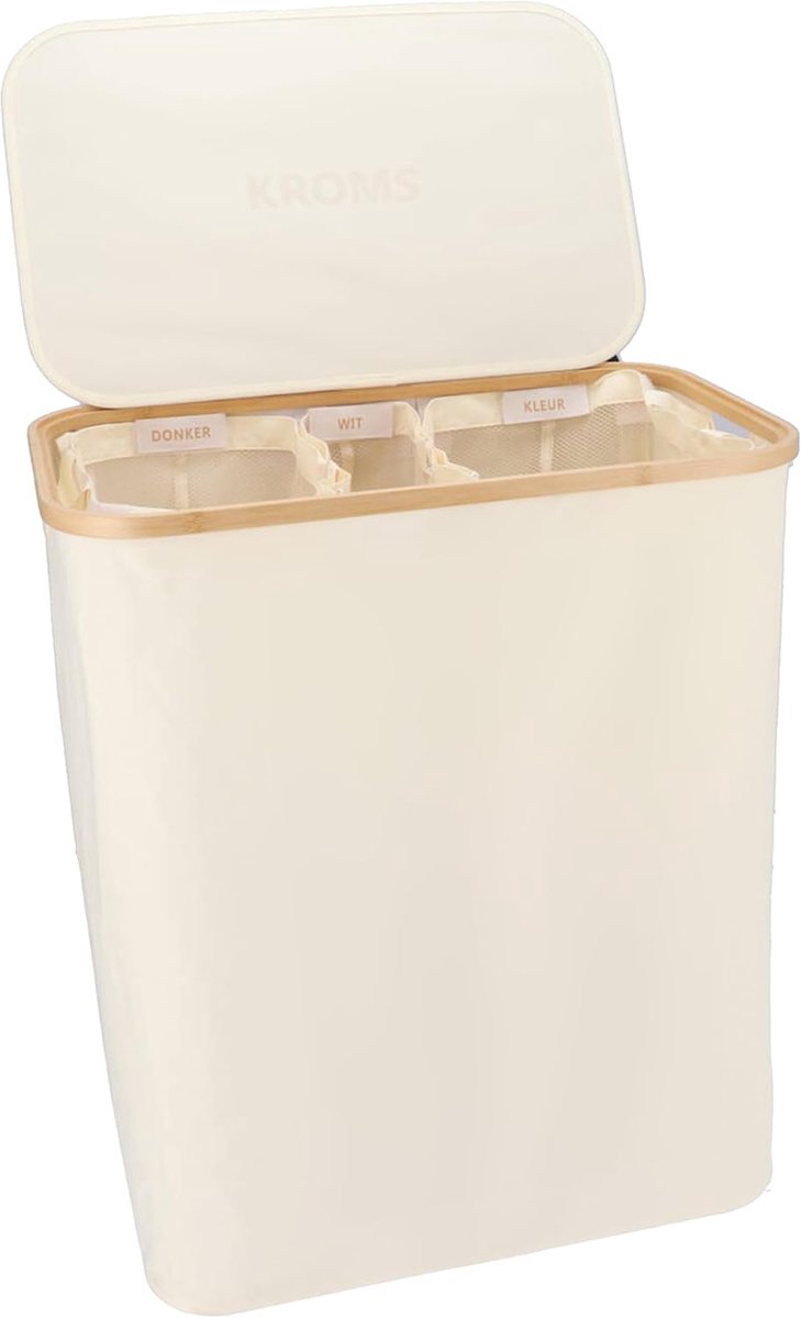 SnelShoppen - Wasmand 3 Compartimenten 145L - Beige - Met NL & ENG Labels - Vouwbare Bamboo Wasbasket met Deksel voor Thuisgebruik