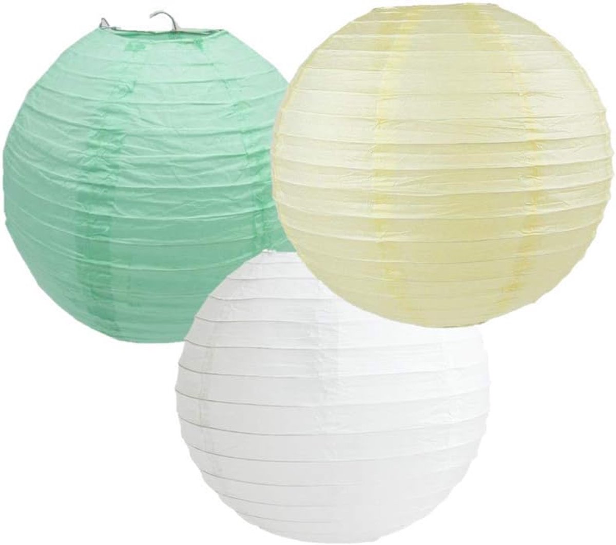 SnelShoppen - Paper Lanterns Set van 3 - Ronde Papieren Lampionnen - 20cm - Ivory Mint - Feestdecoratie voor Tuin, Camping en Kinderen