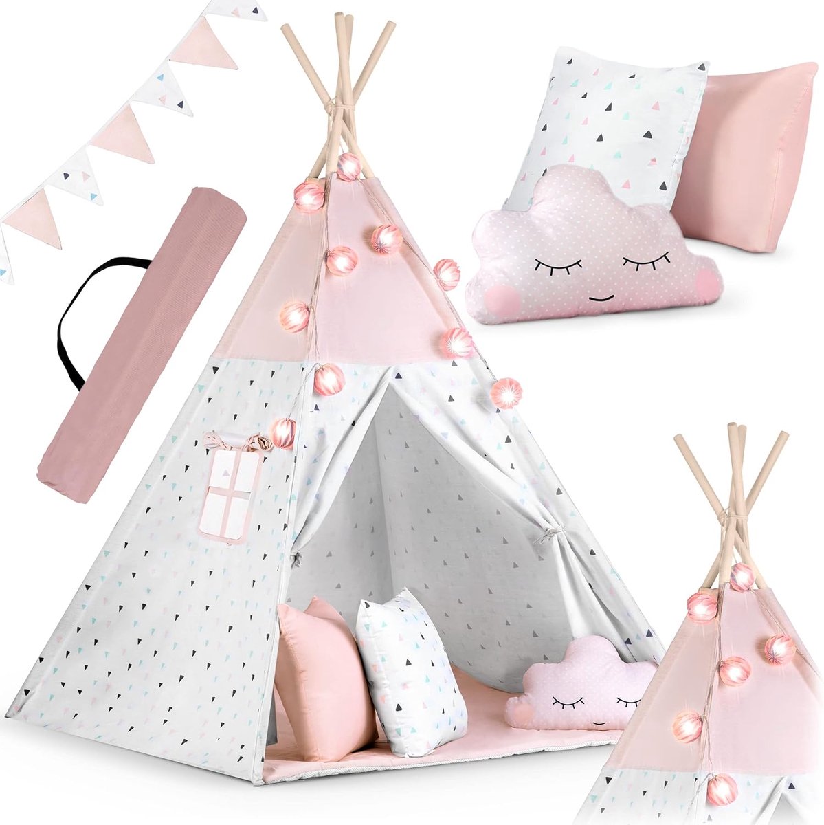 SnelShoppen - Kindertipi Montessori-stijl Katoen en Houten Frame met Isolatiemat, 3 Kussens en Slinger in Luchtig Roze voor Kinderen, Speelgoedhoek, T
