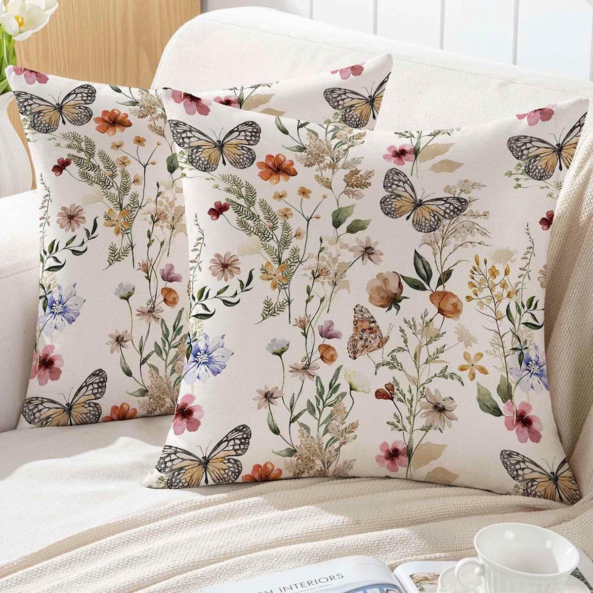 SnelShoppen - Spring Cushion Cover 40 x 40 cm, Roze Beige Bloem Kussen, Buiten en Binnen, Decoratieve Kussenhoezen met Vlinders en Bladeren, Tuin, Sof