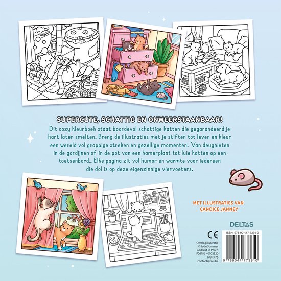 Achterkant van het "Cozy Kitties" kleurboek met illustraties van kittens in verschillende huiselijke scènes, en productinformatie.