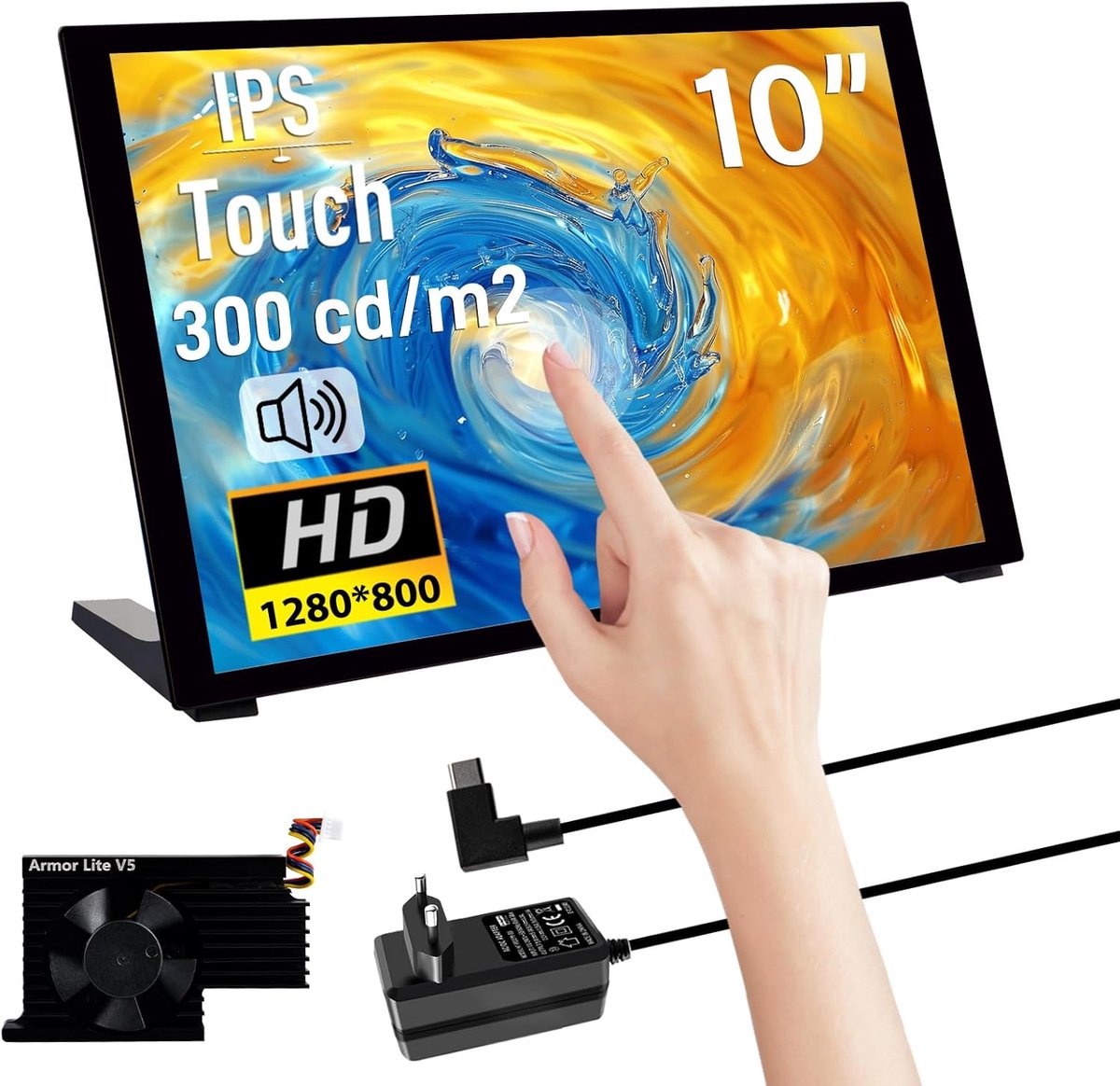 SnelShoppen - 10.1 inch Capacitive Touchscreen voor Raspberry Pi 5, HDMI IPS Monitor 1280x800 met Dual Speakers, Geschikt voor Raspberry Pi 4B/3B+/3B,
