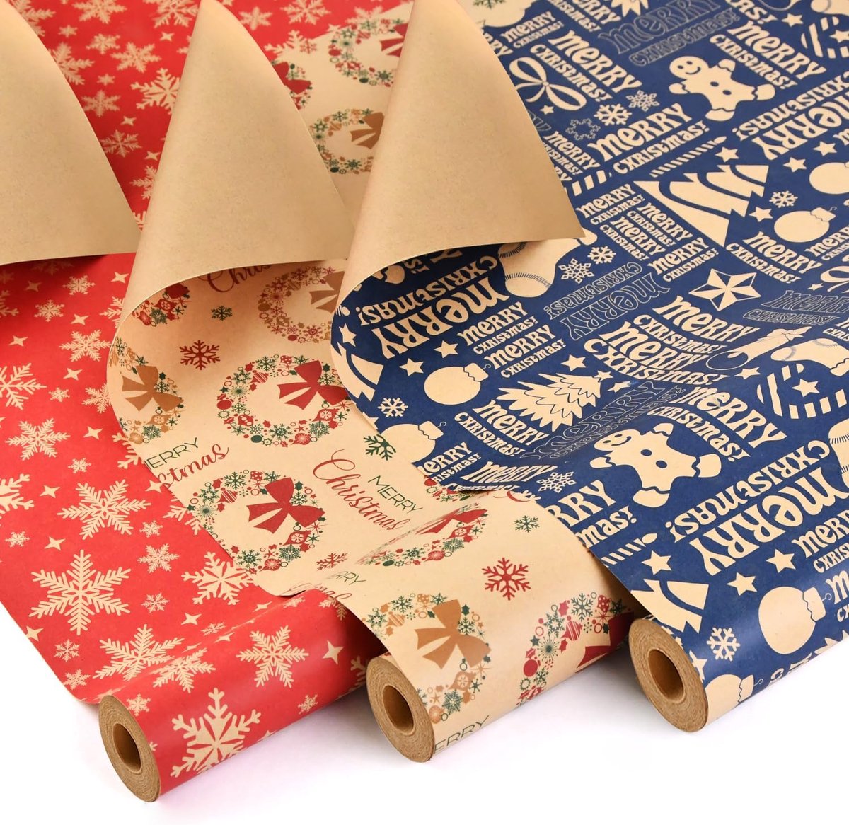 SnelShoppen - 3 Rollen Kerst Verpakkingspapier 43cm x 10m - Recyclebaar Kraftpapier voor Cadeaus - Feestelijke Decoraties voor Kerst, Verjaardag en Fe