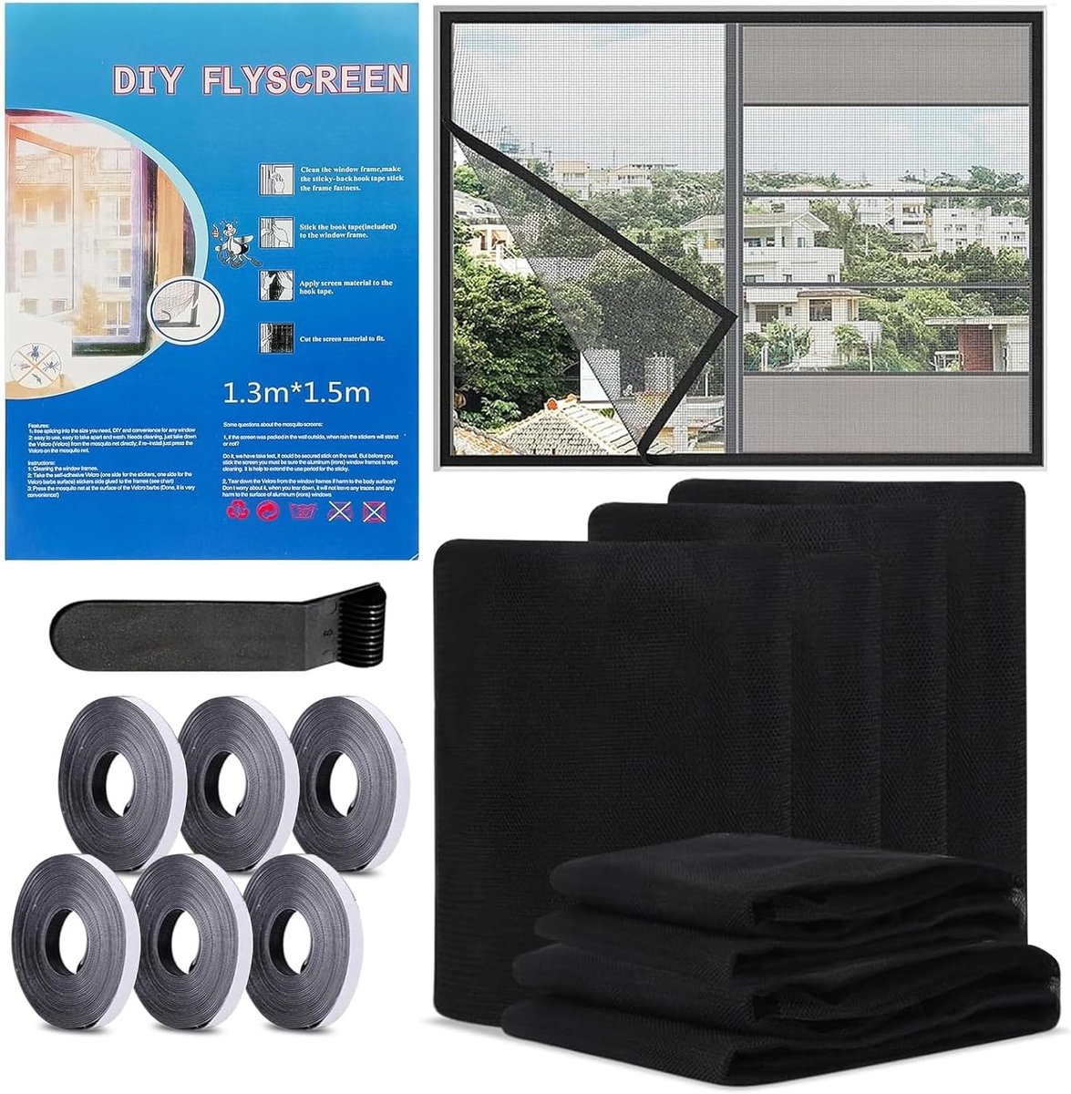 SnelShoppen - Vliegenraam voor Raam 130 x 150 cm, Insectbescherming, Zelfklevend, Muggennet, Effectieve Betrouwbare Oplossing, Pack van 6 voor Tuin, K