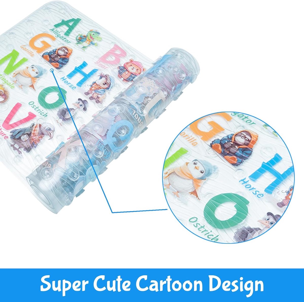 SnelShoppen - Cartoon Antislip Badmat voor Kinderen, Peuters en Baby's - Veilige Douchemat 81 x 35 cm met Dieren - Hoogwaardige Badkuip Mat voor Zorge