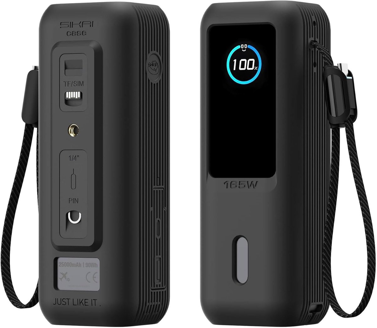 SnelShoppen - Silicone Beschermhoes voor Laptop Powerbank 25000mAh, Met TF/SIM Kaart Slot en Handige Draaglus (Zwart)