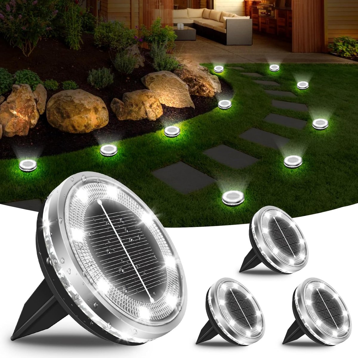 SnelShoppen - 4 Stuks Buiten Solar Tuinlampen, IP65 Waterdicht, 12 LED Tuinverlichting, Koel Witte Solar Grondlampen voor Tuin, Oprit, Pad, Patio, Ach