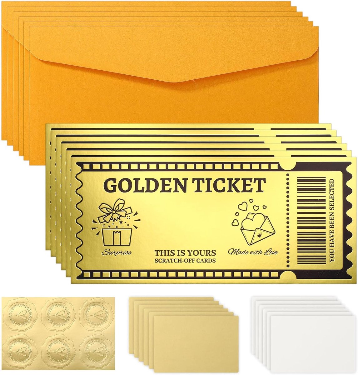 SnelShoppen - 6 Stuks Gouden Ticket Scratchcards met Envelop, Verrassingskaart voor Vriendin, Vrouw, Verjaardag, Valentijnsdag, Mysterieuze Geschenkse