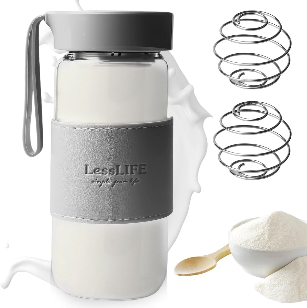 SnelShoppen - Shaker Protein Shake Glas met Mengballen, RVS, 480 ml, BPA-vrij en Lekvrij voor Eiwit- en Sportdranken, Waterfles, Drinkfles, Grijs