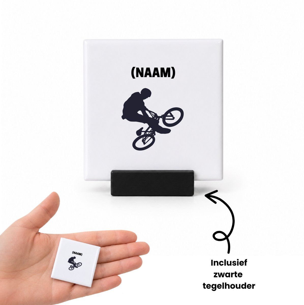 Hacebo BMX met eigen naam tegeltje met tegelhouder - Sport - Fietser - tegeltjes met tekst - Fiets - spreuktegels - 4.8x4.8 CM Wit