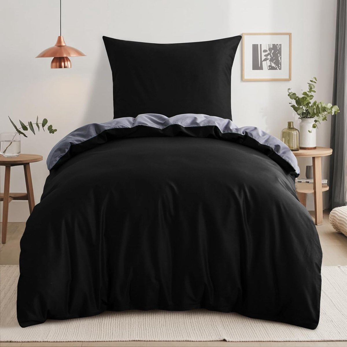 SnelShoppen - Bedlinnen Set 140 x 200 cm Katoen Zwart en Grijs - 2-delige Dekbedovertrekset Reversibel met Rits - Perfect voor Slaapkamer, Elegant en