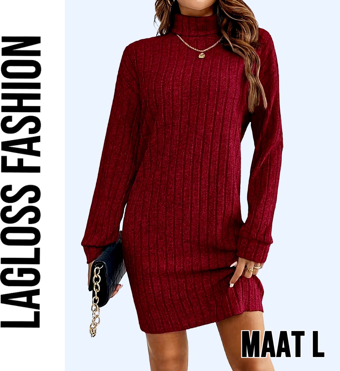 LaGloss® Elegante Bordeaux Jurk met Kraag en Lange Mouwen – Franse Stijl Dames Jurk voor Herfst & Lente - Maat L