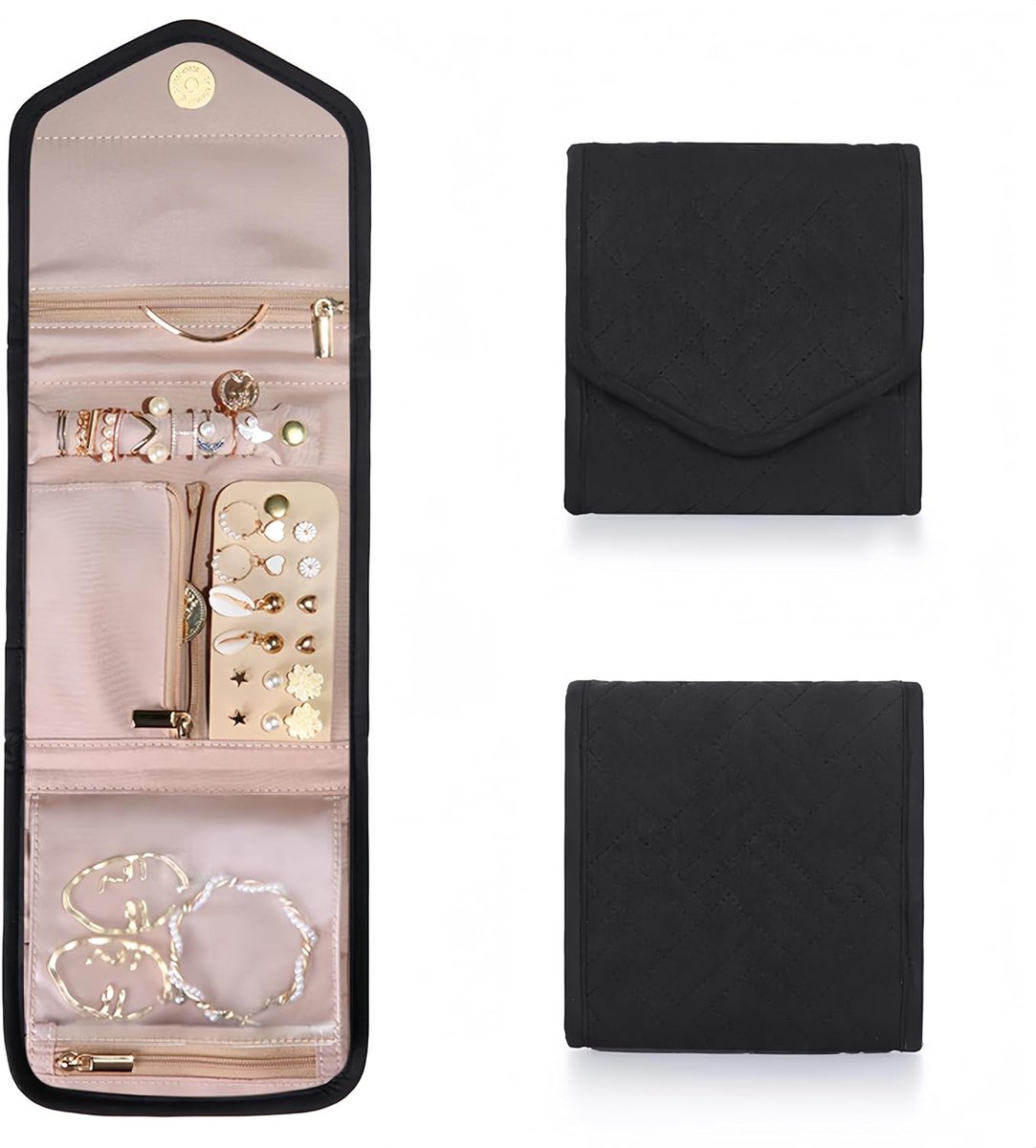 SnelShoppen - Vouwbare Sieradenopbergzak, Reis Sieraden Organizer, Draagbare Tas voor Oorbellen, Ringen, Kettingen, Armbanden, Vrouwen & Meisjes - Zwa