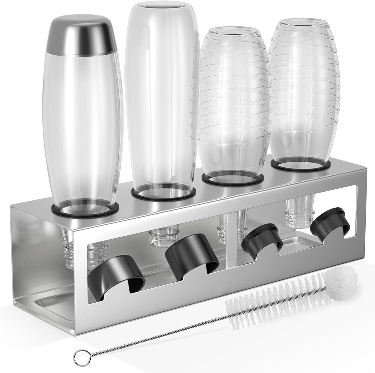Thijox - Flessenhouder voor Sodastream en Crystal/Emil Flessen, 4 Flessen Afdruiprek met Siliconen Bescherming, Lekbak en Dekselhouder, Zilver
