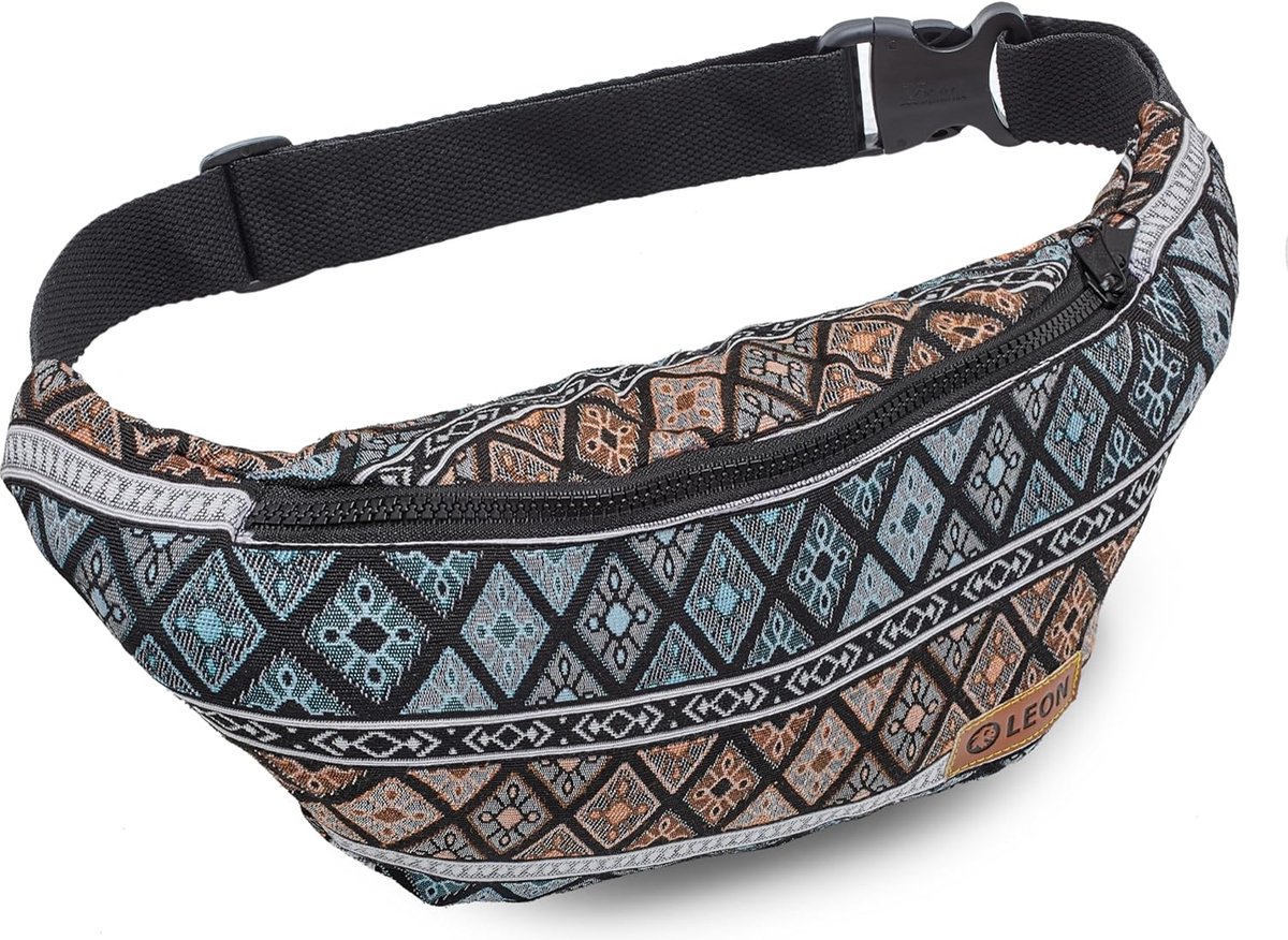 SnelShoppen - Leon Bum Bag Fanny Pack 100% Katoen Boho Hippie Tribal Schoudertas Heuptas 31x20cm Verstelbare Tailleband van 80-103cm