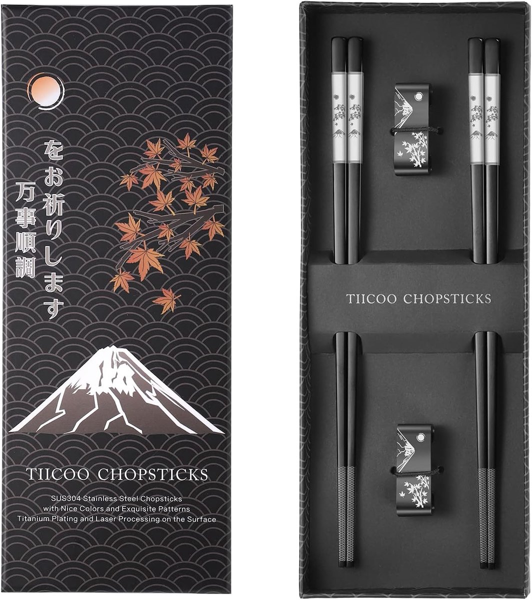 SnelShoppen - Premium 304 RVS Chopsticks Set - 2 Paar Titanium Gecoat Japanse Stijl met Laser Gravure, Vaatwasserbestendig, Antislip Handvat, Elegante