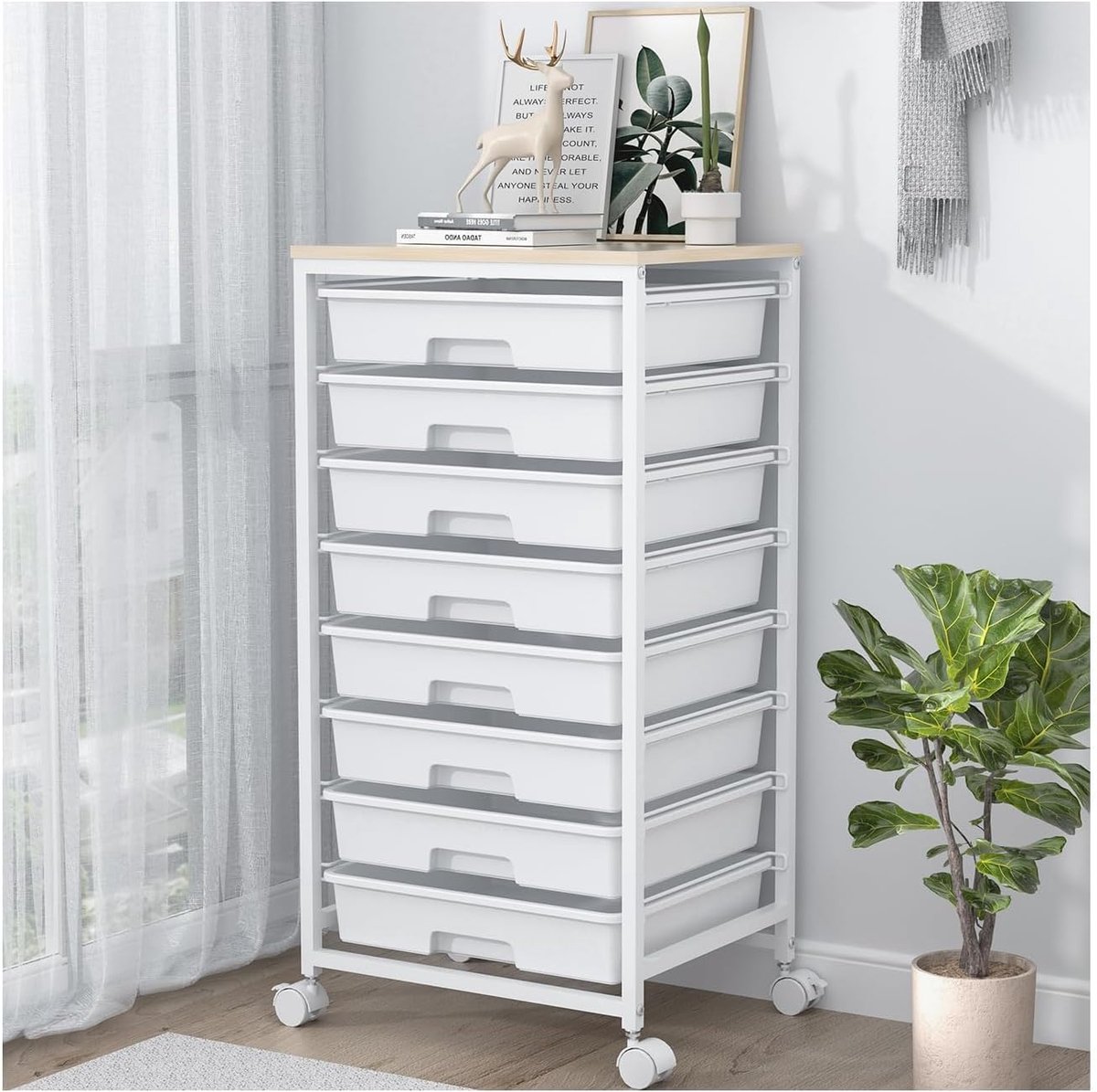 SnelShoppen - Badkamer Roll Trolley met 8 Lades - Rolcontainer met Houten Bovenblad voor Woonkamer, Slaapkamer, Kantoor - Grote Capaciteit, Wit, Multi