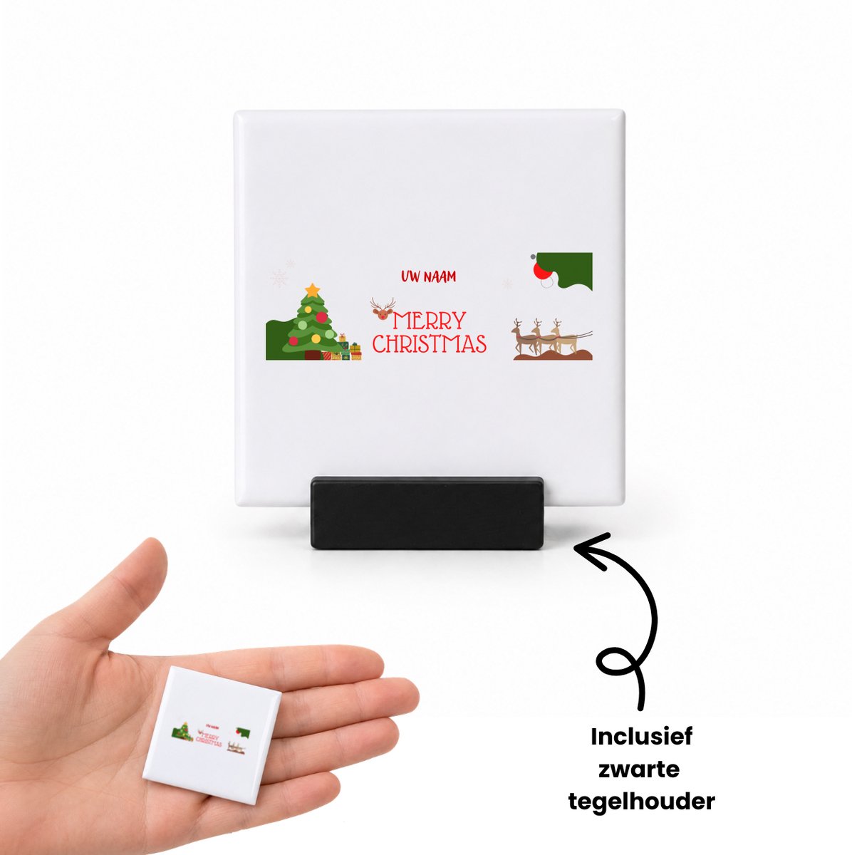 Hacebo Kerst merry christmas met eigen naam tegeltje met tegelhouder - Kerstmis - Kerst beker - tegeltjes met tekst - winter - kerst - christmas - kerst cadeau - spreuktegels - 4.8x4.8 CM Wit
