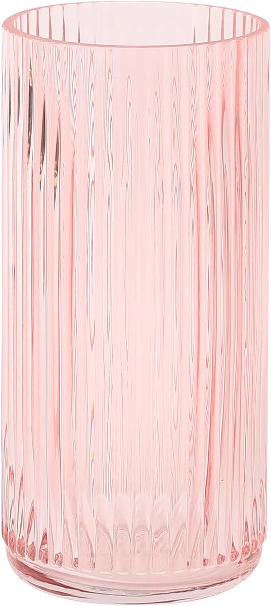 SnelShoppen - Ribbelglas Vaas - Roze Bloemenvaas voor Boeketten - Moderne Glazen Vaas voor Woonkamer, Badkamer, Eettafel, Kantoor, Bruiloft - 20cm