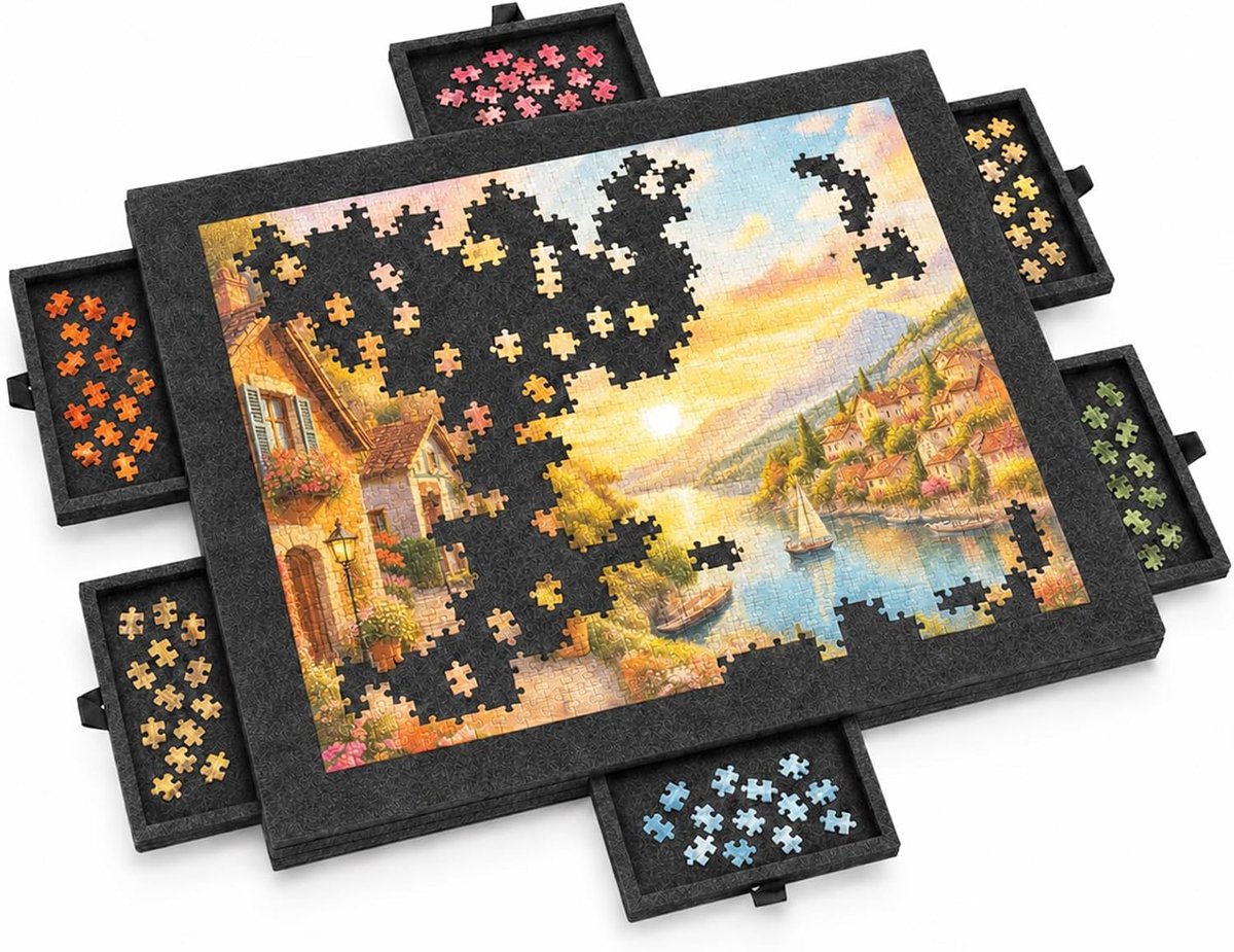 SnelShoppen - Vilten Puzzelplank met 6 Laden, Kantelbare Puzzeltafel voor Volwassenen, Opvouwbare en Draagbare Puzzelstandaard tot 1000 Stukken