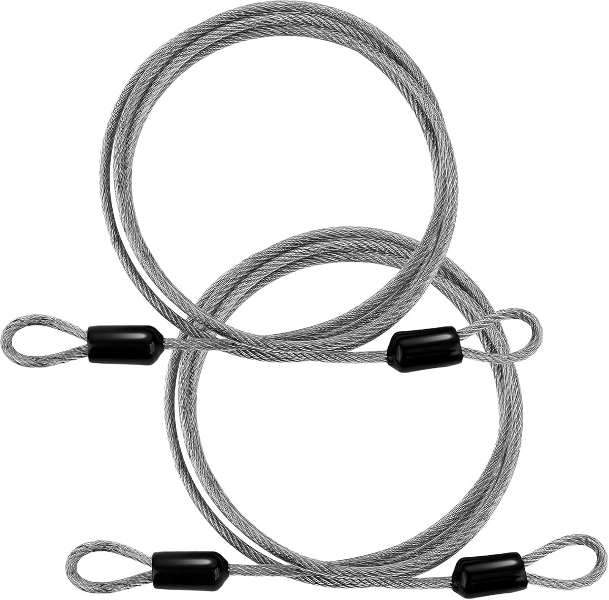 SnelShoppen - 2x Staalkabel met Ogen 2m x 3mm, Roestvrij Staal, Zwarte Draadkabel met Ogen voor Veiligheid, Fiets, Tuin, Meubels, Veiligheidskabel