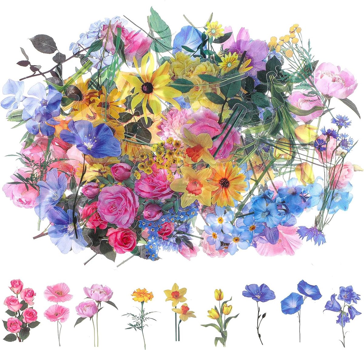 SnelShoppen - Transparante Bloemenstickers 120 Stuks - Waterdichte Scrapbooking Stickers voor Fotoalbum, Dagboeken, Creatief Knutselen, PET Materiaal,