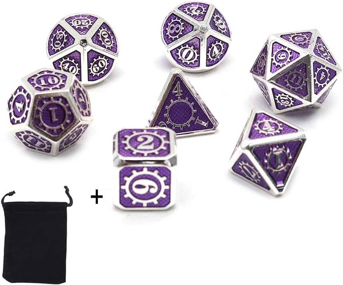 SnelShoppen - 7-delige metalen polyedrale dobbelstenen set - D4, D6, D8, D10, D12, D20, D% - Zinklegering - Zilver en Paars - Perfect voor Dungeons an