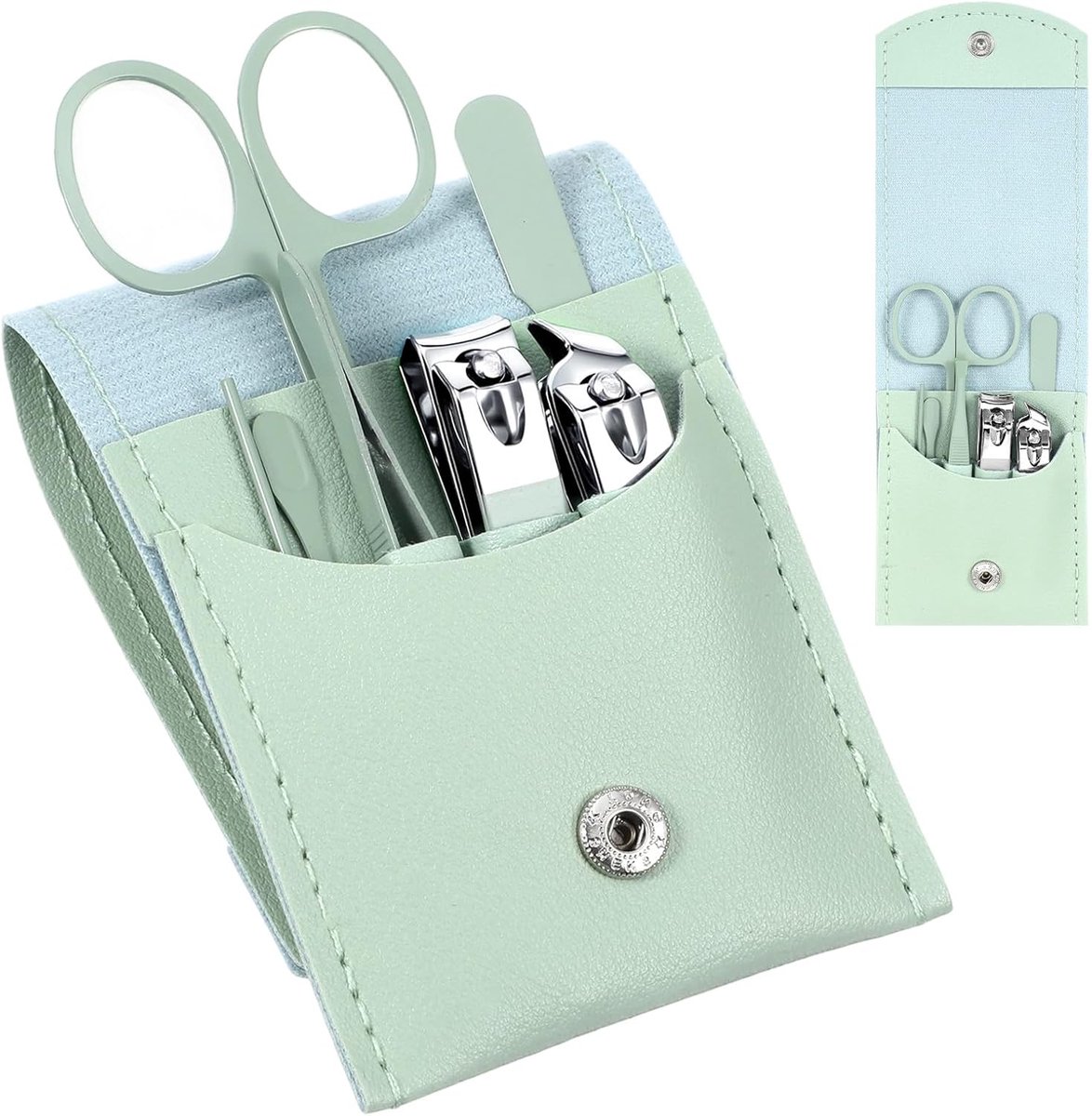 SnelShoppen - Nagelverzorgingsset voor Dames - 7 Stuks Professionele Roestvrijstalen Manicure Set in Groene Leren Tas - Perfect voor Reis en Valentijn