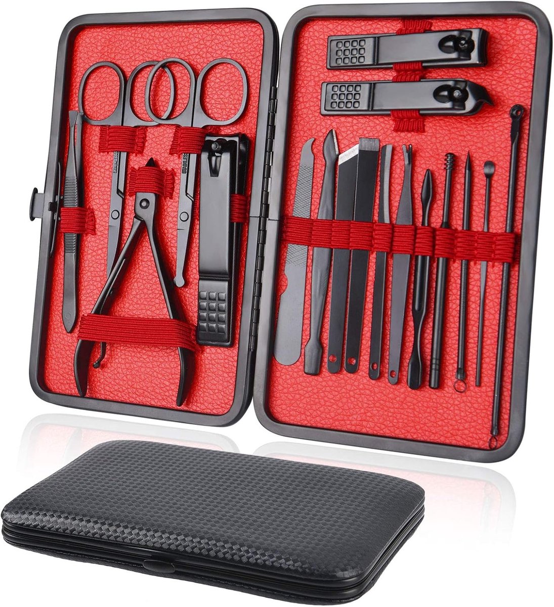 SnelShoppen - Professionele 18-delige Manicure Set, Draagbare Nagelknipper en Pedicure Set van Roestvrij Staal met Luxe Lederen Etui voor Thuis of Rei