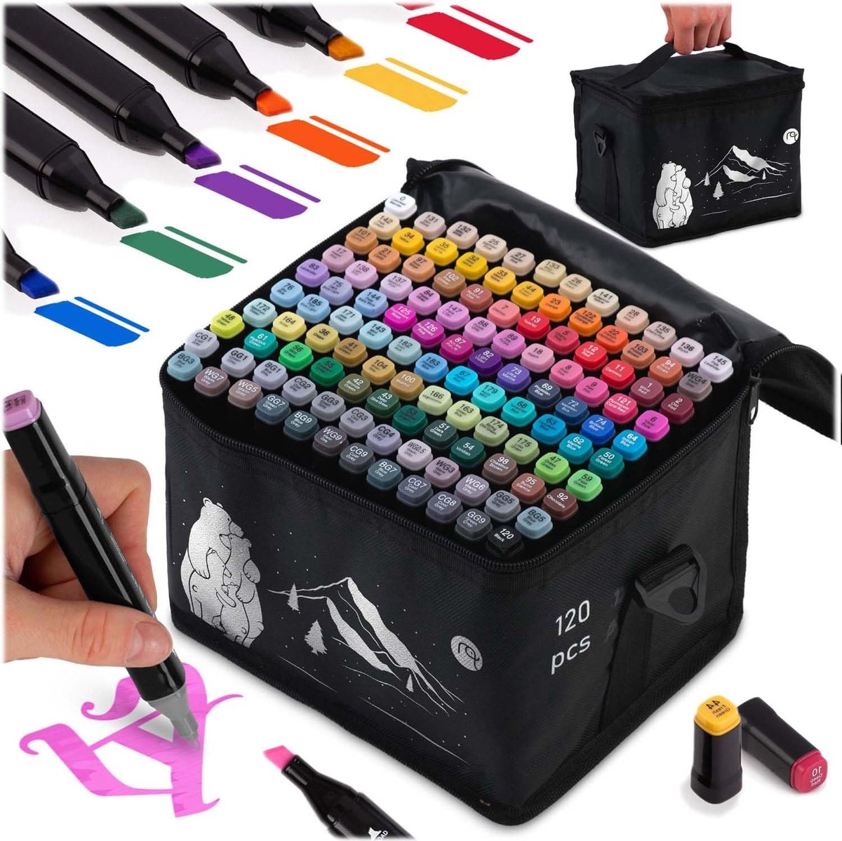 SnelShoppen - Alcohol Marker Viltstiften Set met Tas, Dubbelzijdig Waterdicht, 120 Stuks, Creatief Tekenen, Schilderen, Kleurpotloden, Kunstenaars, Ho
