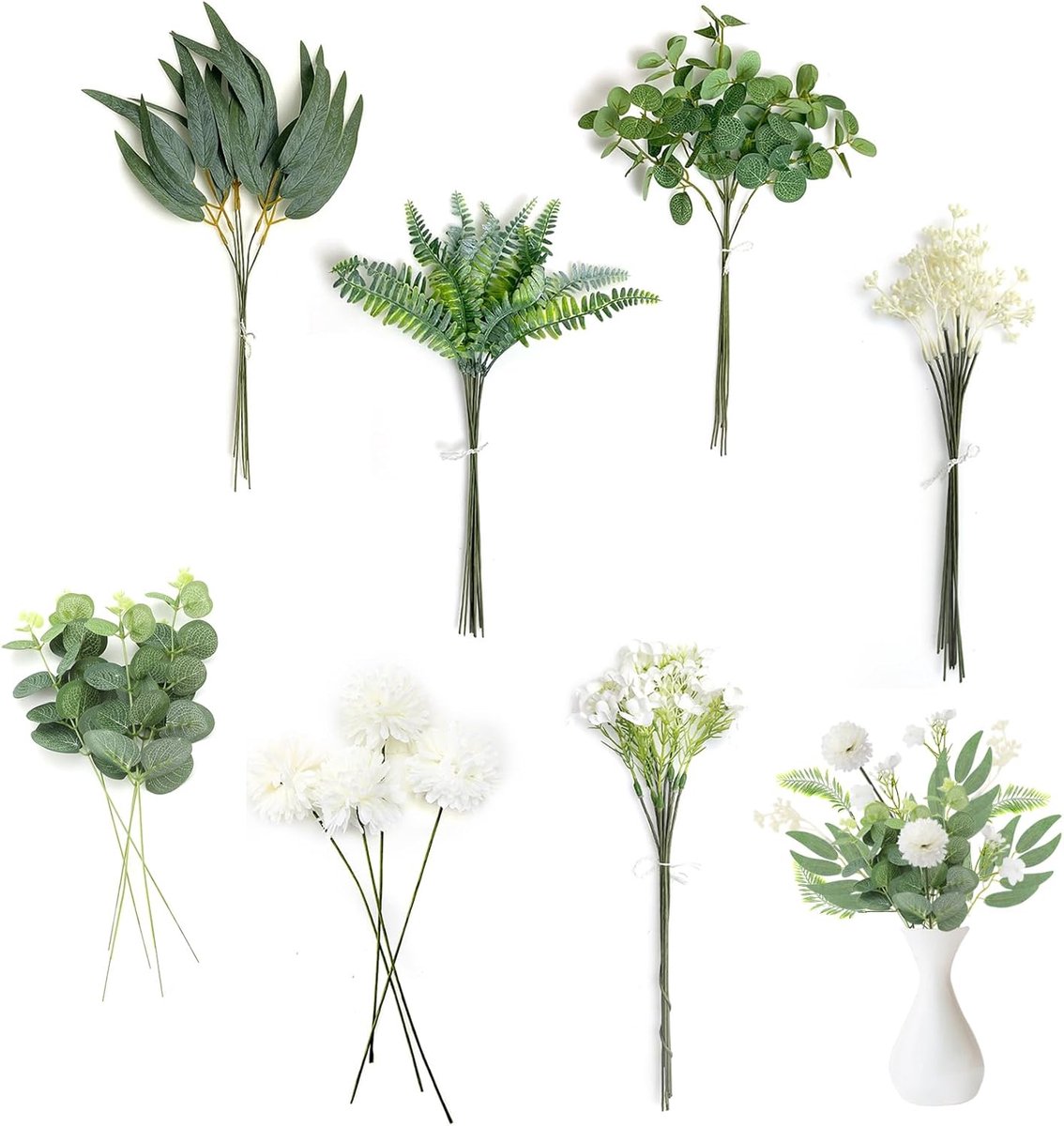 SnelShoppen - 59 stuks Kunstmatige Takken & Bloemen, Witte Kunstbloemen met Groene Bladeren, Eucalyptus & Hortensia Decoratie voor Feest, Tuin, en Bin