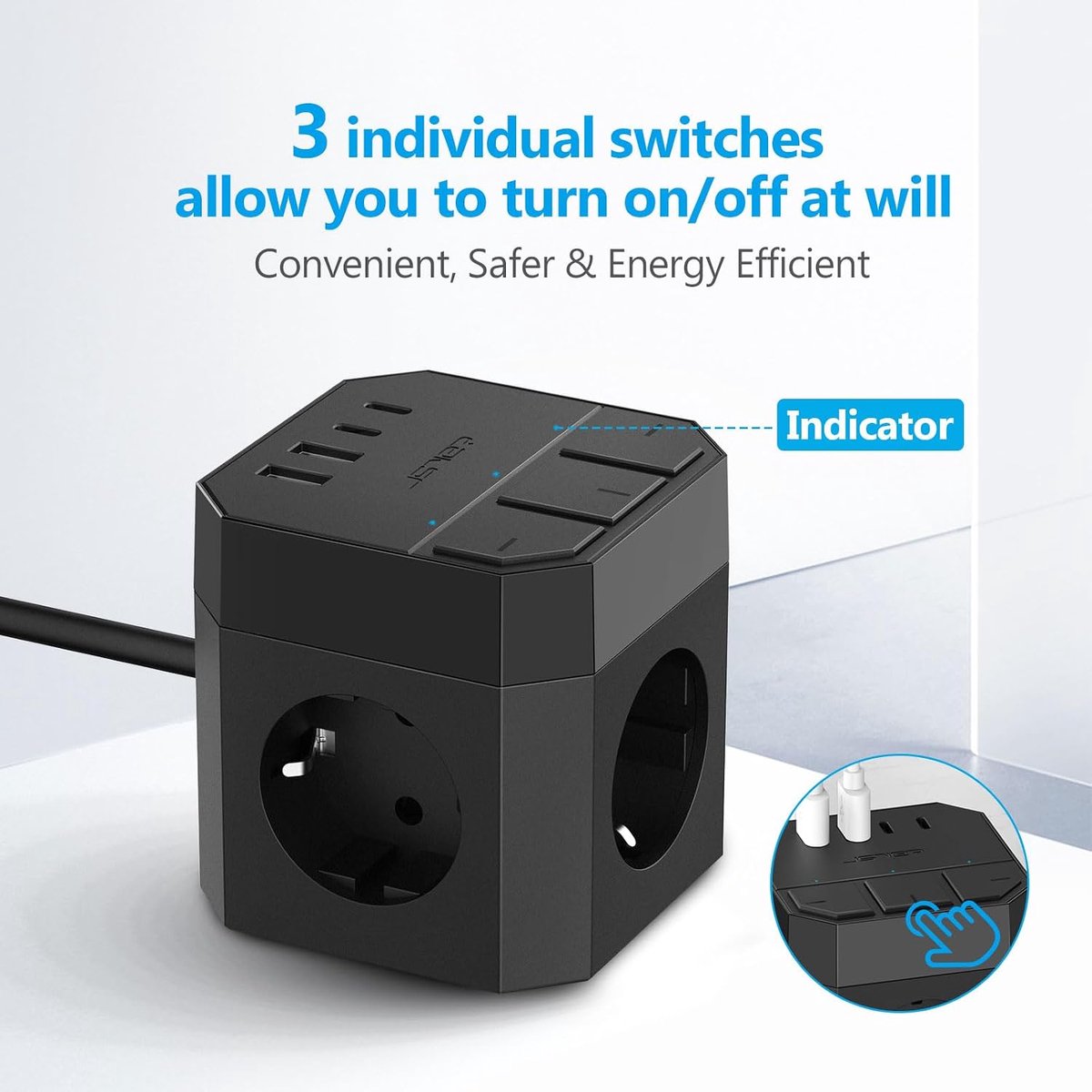 SnelShoppen - Wandgemonteerde Stekkerdoos Kubusvormig met 3 Stopcontacten en 4 USB Opladers, 3M Verlengsnoer, Zwart, Geschikt voor Thuis, Kantoor, Keu