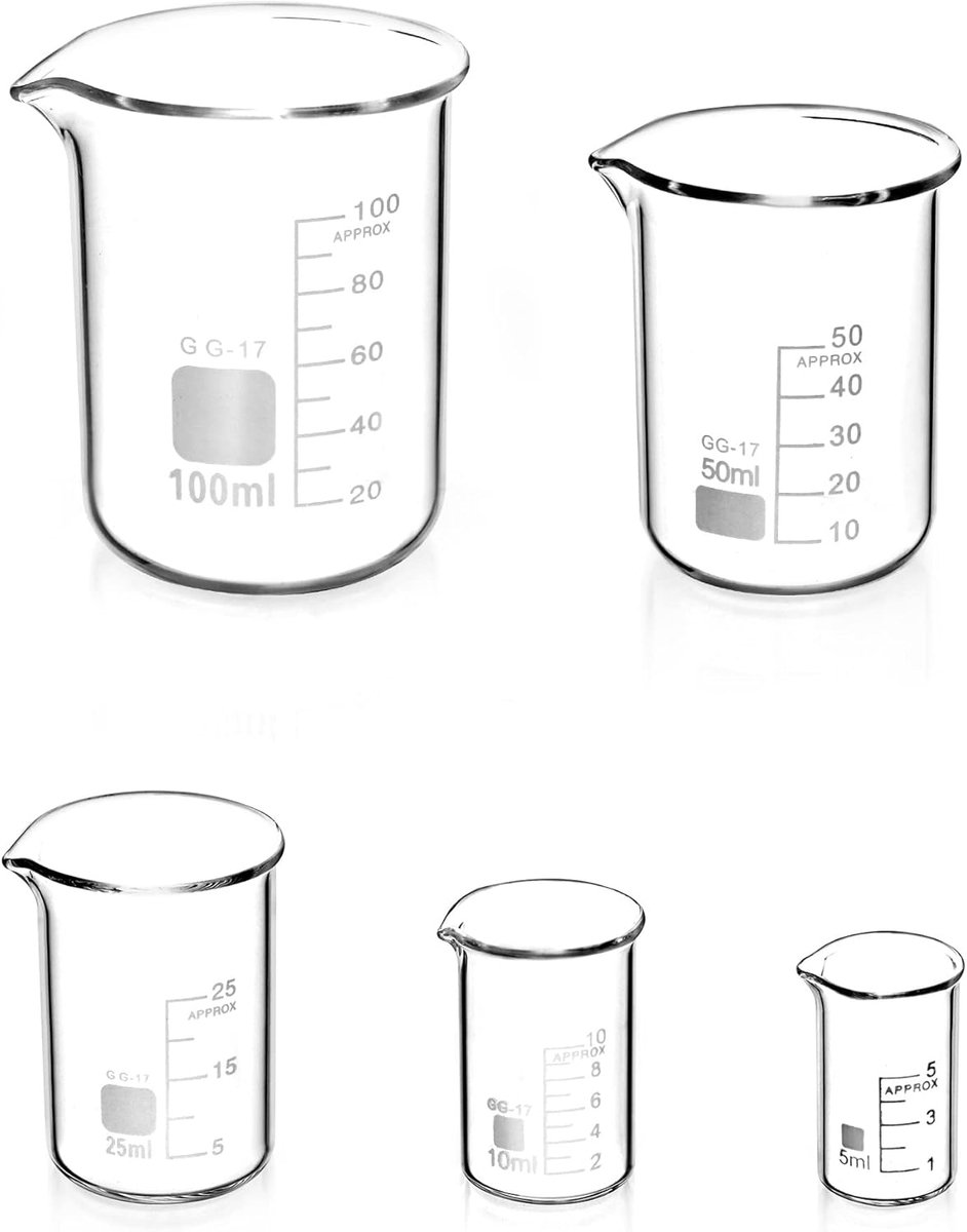 SnelShoppen - 5st Maatbeker Set Glazen Bekers 5ml 10ml 25ml 50ml 100ml voor Laboratorium en Keuken - Precisie Maatbeker voor Koken, Bakken en Experime